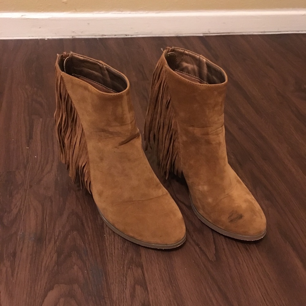 Brown Suede Fringe Booties with Heel